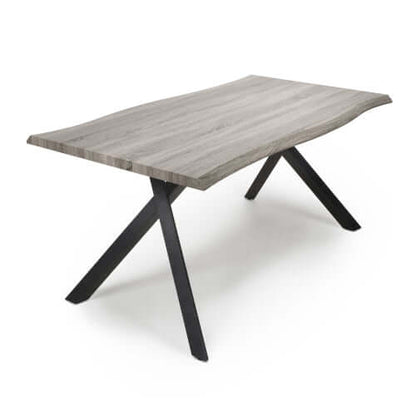 Alt Tag: Virage Medium Live Edge Dining Table antique pine effect 1.6m with curved live edge top and black metal cross frame legs