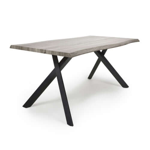 Alt Tag: Virage Medium Live Edge Dining Table 1.6m antique pine effect live edge top with black metal cross frame legs