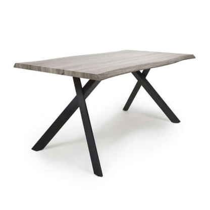 Alt Tag: Virage Medium Live Edge Dining Table 1.6m antique pine effect live edge top with black metal cross frame legs