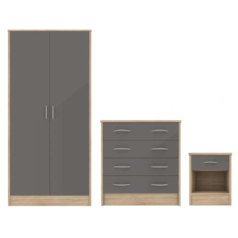 Alt Tag: Willoughby Trio Bedroom Furniture Set oak effect wardrobe, chest of drawers and bedside cabinet for stylish rental bedrooms